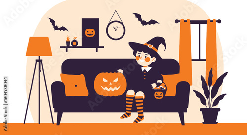Cartoon Girl In Halloween Costume Sits On Sofa With Pumpkin At Home