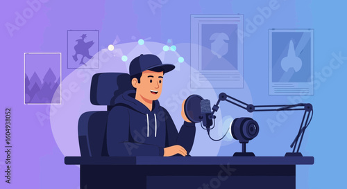 Cartoon Man Broadcasting Live Stream On Internet Social Media Podcast Studio