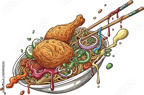 Vector art of a bowl of noodles with fried chicken, fresh vegetables, and colorful sauces isolated on white background