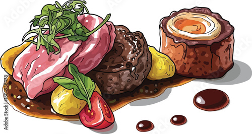 Vector art of a beautifully plated steak dish isolated on white background, featuring tender beef, flavorful sauce, and fresh vegetables, creating a gourmet culinary experience