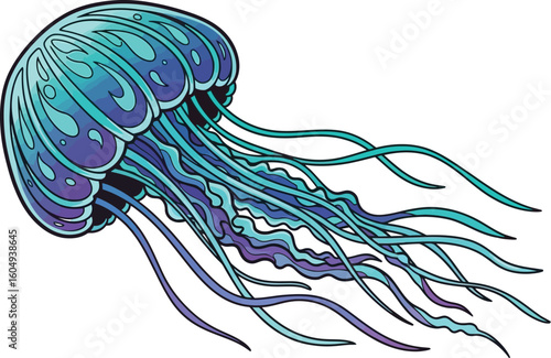 Vector art of a vibrant blue and purple jellyfish gracefully floats, isolated on white background