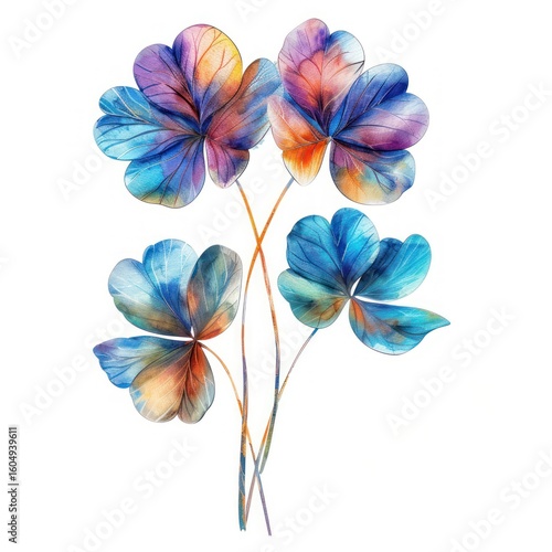 Fototapeta Naklejka Na Ścianę i Meble -  Vibrant abstract clover leaves against a white background