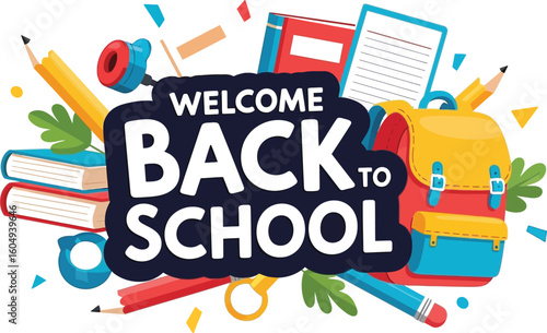 Vector art of a colorful back to school illustration featuring books, pencils, and a backpack, welcoming students to a new year of learning and academic adventures