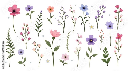 Spring flower vector illustration with pink blossoms and green leaves creates a beautiful floral design