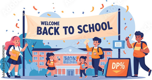 Vector art of a joyful illustration welcomes students back to school with children, a school building, and promotional elements on an isolated white background