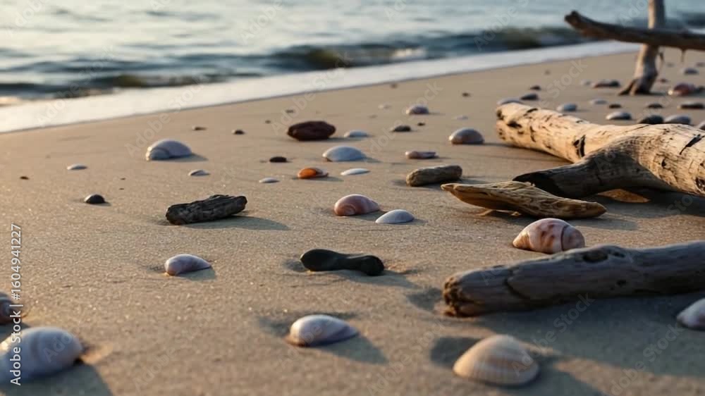 Serene Beach: Seashells Driftwood and Gentle Waves at Sunset. Serene Beach: Seashells Driftwood and Gentle Waves at Sunset.