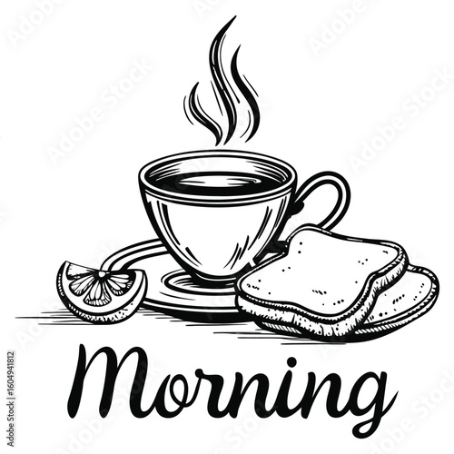 The image features a decorative design with the words "Coffee is the most important meal of the day" in an elegant, cursive font. Below the text, there is an image of a stylized coffee cup.