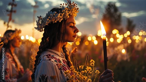 A young woman holds a candle and flowers while participating in the Ivan Kupala festival, surrounded by flickering lights and festive atmosphere	