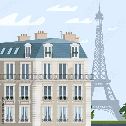 Parisian landscape with view of the Eiffel Tower.