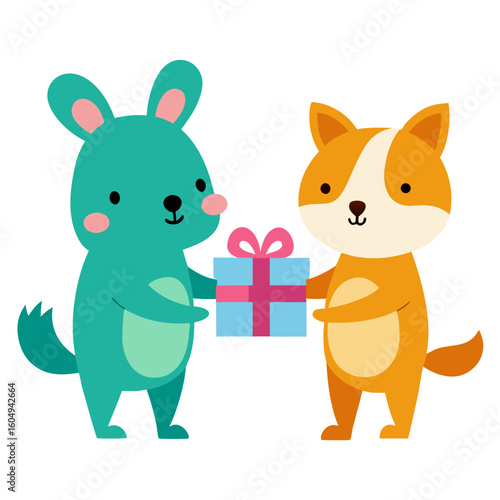  Cute animals exchanging gifts on white background