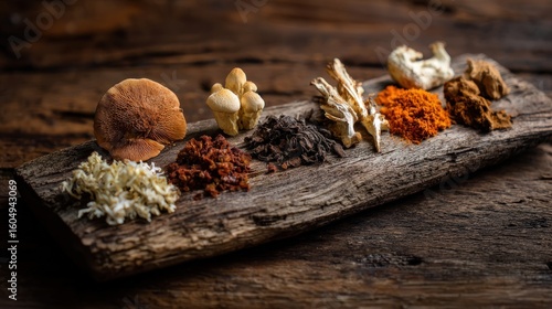 Assorted dried mushrooms and spices on rustic wooden board