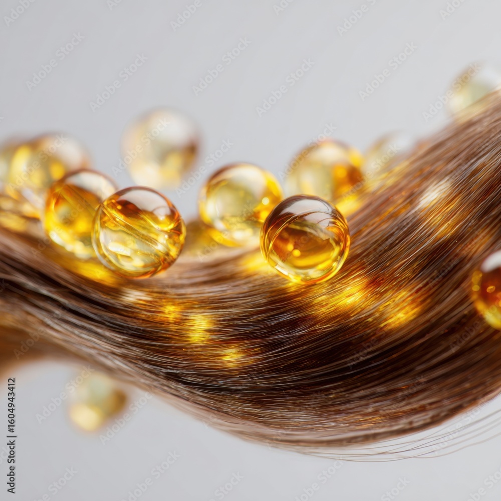 Fototapeta premium Golden oil capsules dancing in shiny strands of hair against a soft background in a beauty display