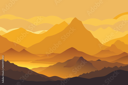 Scenic panorama of a layered mountain range during a golden sunset