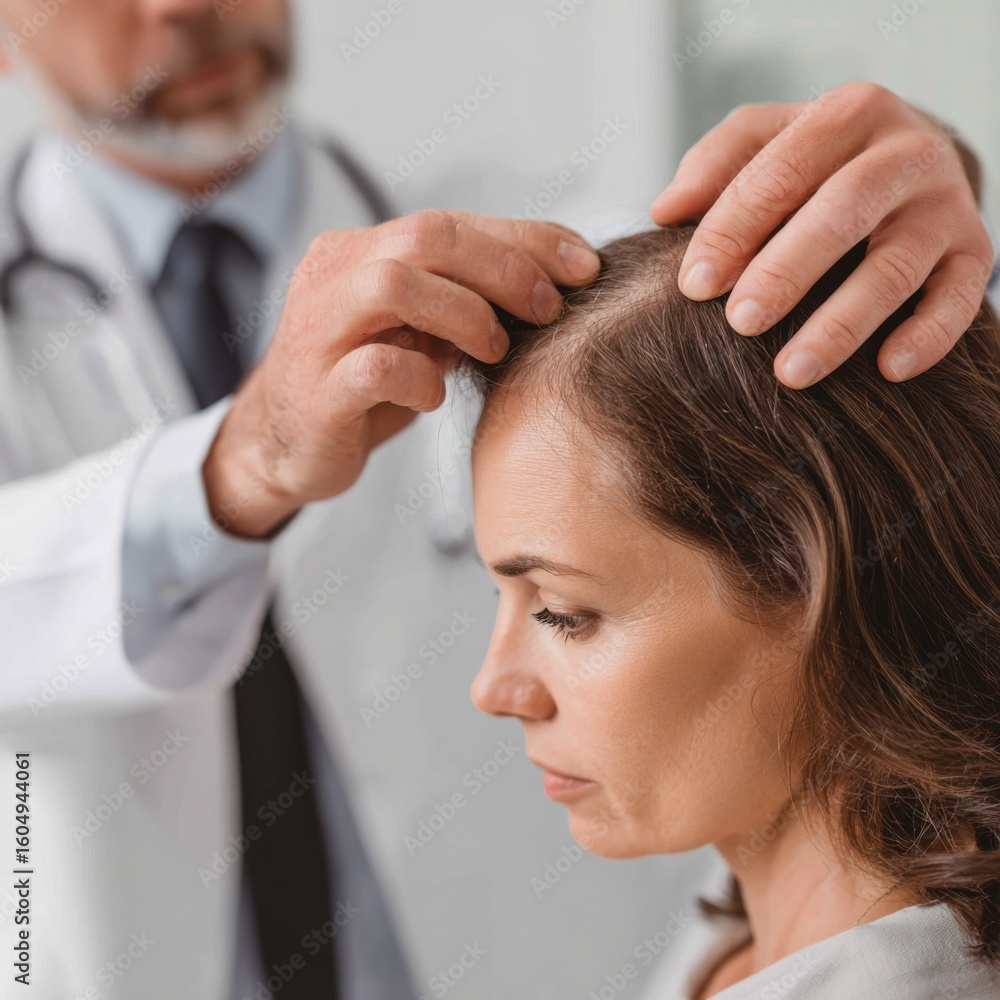 Naklejka premium A doctor diagnosing a female patient with pattern hair loss .Doctor examines woman’s scalp for health conditions in clinical setting during a routine check-up appointment