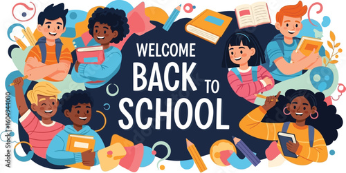 Vector art of a lively backtoschool illustration showcasing diverse students with books and pencils, surrounded by abstract shapes and vibrant colors