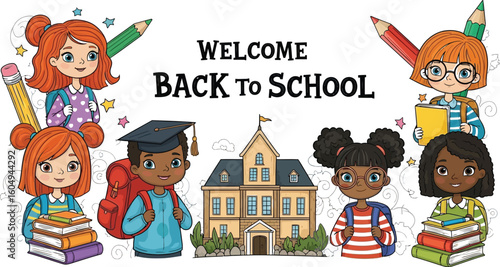 Vector art of a cheerful back to school illustration showcasing diverse children with books and backpacks in front of a school building, welcoming students to a new year of learning