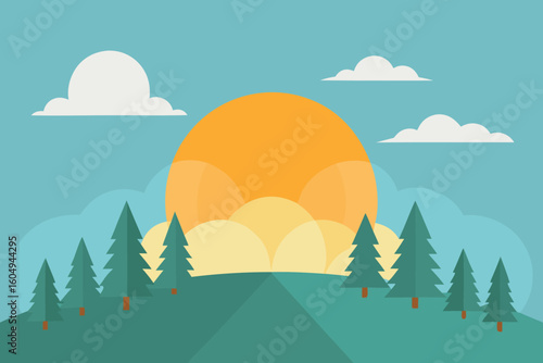 Serene Landscape with Rising Sun and Pine Trees
