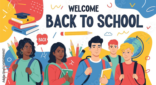 Vector art of a colorful illustration welcomes students back to school with books, pencils, and diverse characters