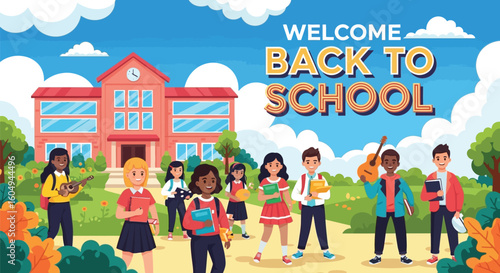 Vector art of a vibrant illustration shows students returning to school with the school building in the background