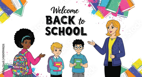 Vector art of a cartoon illustration welcomes students back to school with a teacher and diverse students