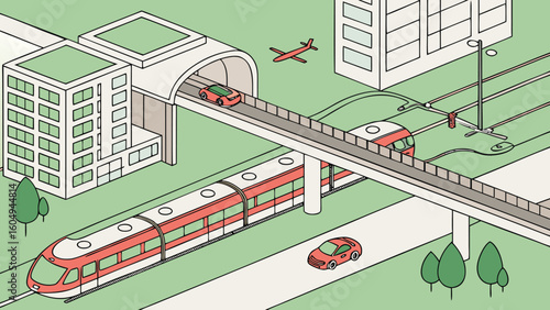 Isometric view of a city with a train, cars, buildings, trees, and an airplane in the sky above it all