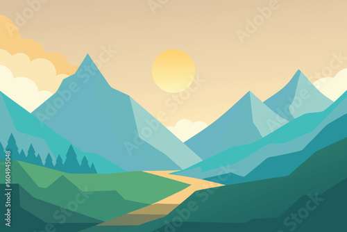 Serene Mountain Valley Sunset Landscape Illustration