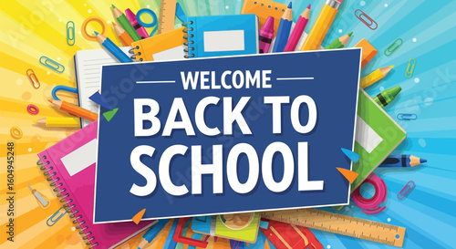 Vector art of a vibrant back to school design featuring colorful school supplies such as pencils, notebooks, and crayons arranged around a welcome message