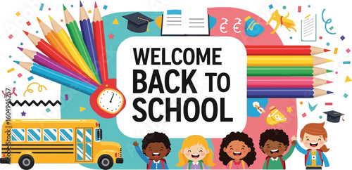 Vector art of a colorful backtoschool design featuring a school bus, pencils, and cheerful students, set against a playful and vibrant background