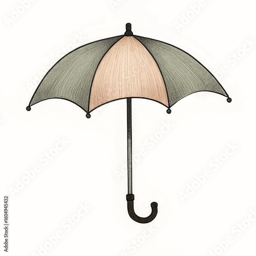 Open umbrella with beige and green colors on white background  