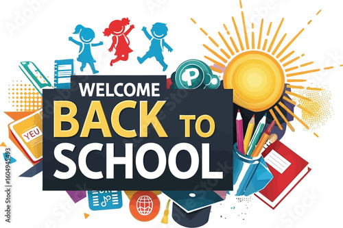 Vector art of a vibrant graphic design with books, pencils, and children, welcoming students back to school