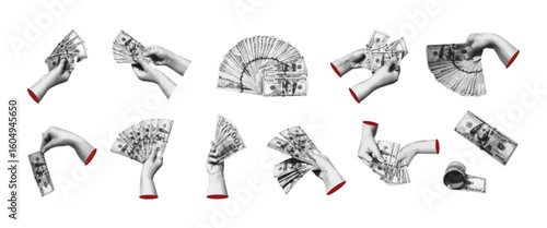 Trendy money concept halftones collage. Business hands holding 100 dollar bills of saving, saving, collecting. Retro illustration on financial theme on transparent background. 
