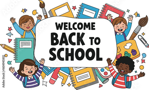 Vector art of a group of happy children celebrate going back to school with books and art supplies