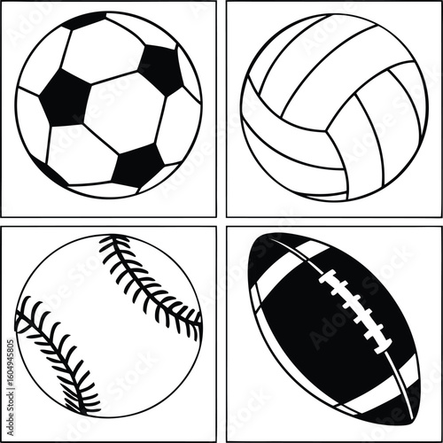 Set of vector sport balls including soccer, basketball, tennis, baseball, volleyball, rugby, golf, and bowling for game and team competition