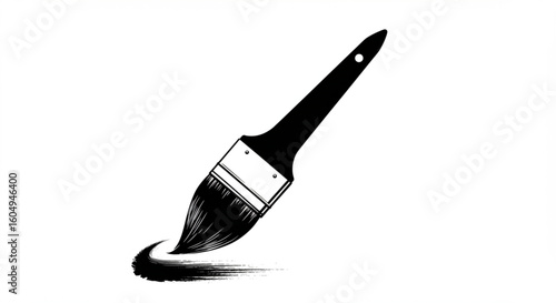 Black and white illustration of a paintbrush applying a curved stroke of paint.