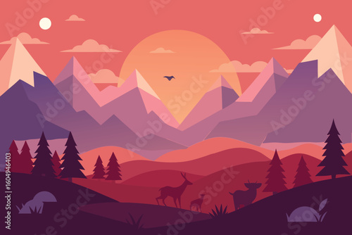 Majestic mountain vista with forest animals during a colorful sunset illustration