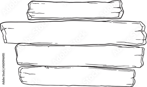 Hand-drawn stack of rustic wooden planks or signs, perfect for adding a natural, vintage, or farmhouse touch to your designs. Ideal for backgrounds, banners, labels, or decorative elements.