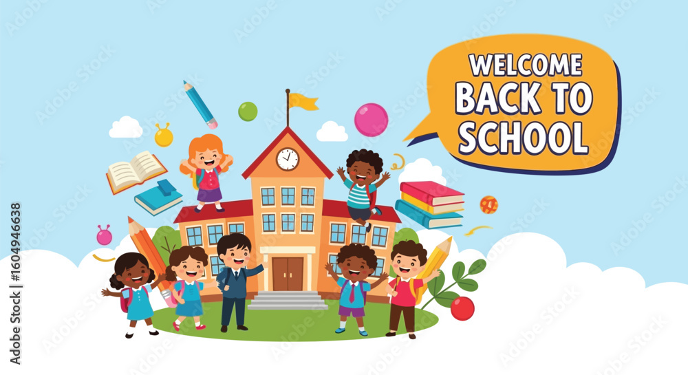 Naklejka premium Vector art of a cheerful illustration of children welcoming back to school in front of their school building on a sunny day