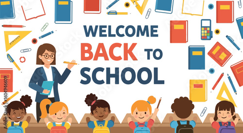 Vector art of a cheerful illustration welcomes students back to school with a teacher and happy children in a classroom setting isolated on white background