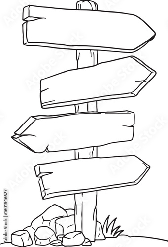 A black and white line art illustration of a wooden directional signpost with multiple blank arrow-shaped planks. It stands firmly, surrounded by a few rocks and grass at its base.