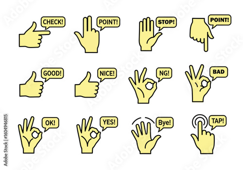 Hand gestures with speech bubbles conveying different messages