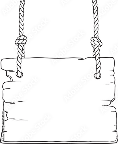 A black and white line art illustration of a blank wooden sign board with a rustic, irregular edge, hanging from two ropes with knots. Ideal for natural, vintage, or handcrafted themes.