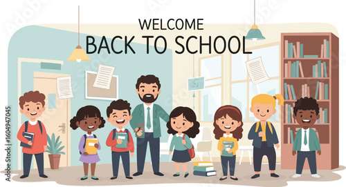 Vector art of a welcoming back to school scene with a teacher and diverse students in a classroom setting