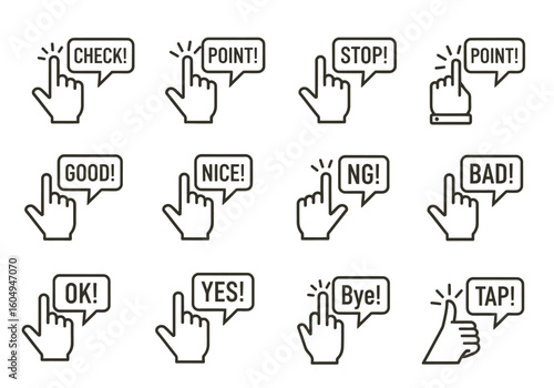 Hand gestures with speech bubbles conveying different messages