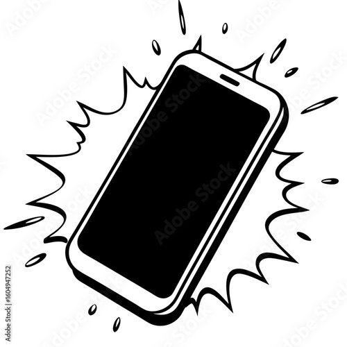 Black and white graphic illustration of a smartphone with energetic sound waves and small circles emanating from it