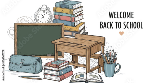 Vector art of a vintagestyle illustration showcases a school desk, books, and chalkboard, creating a nostalgic welcome back to school scene with a focus on education and learning