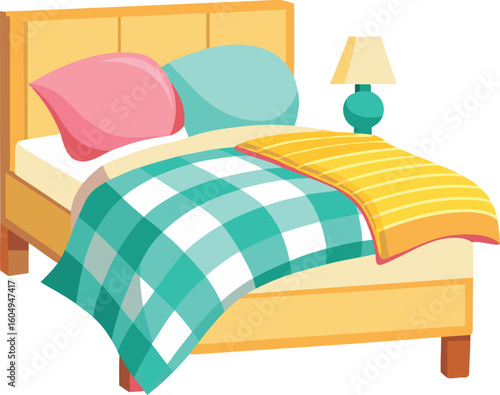 Cartoon Illustration of a Neatly Made Bed with Pillows and a Blanket