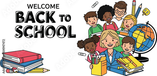 Vector art of a group of diverse students and a teacher are excited to welcome everyone back to school, with books and a globe adding to the educational theme