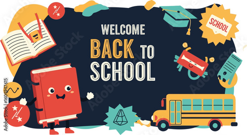 Vector art of a fun and colorful back to school illustration features books, a school bus, and various schoolrelated icons, creating a welcoming atmosphere for students