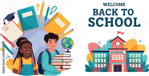 Vector art of a cheerful illustration welcomes students back to school, featuring diverse children, school supplies, and a school building, symbolizing the joy of learning and education