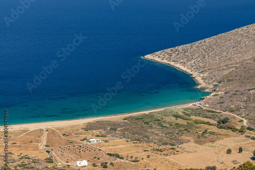 Fototapeta Naklejka Na Ścianę i Meble -  Panoramic view of the breathtaking turquoise beach of Agia Theodoti in Ios Greece